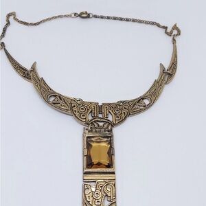 Vintage Miracle Britain/Scottish Celtic Amber glass topaz bib necklace